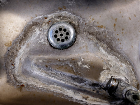 Old water stained drinking fountain on steel sink with drainの写真素材