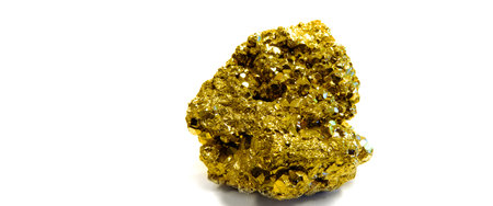 Close up of nugget of Fools Gold or Iron Pyrite on white background symbol of empty promisesの写真素材