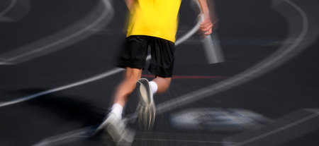 Runner on track with yellow shirt holding baton ready to run a relay race competition