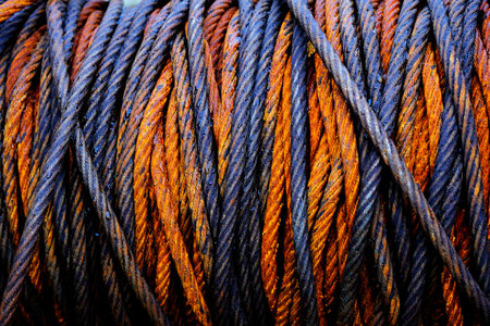 Detail of old rusted and worn steel cable on huge spindle texturedの写真素材