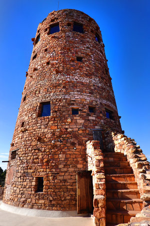 Detail view of Desert Tower on the East Entrance to Grand Canyon National Park with blue sky and rockの写真素材