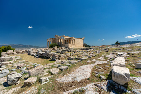 tourists free empty acropolis of Athen during covid pandemicの写真素材