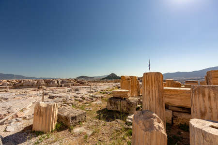 tourists free empty acropolis of Athen during covid pandemicの写真素材
