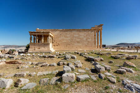 tourists free empty acropolis of Athen during covid pandemicの写真素材
