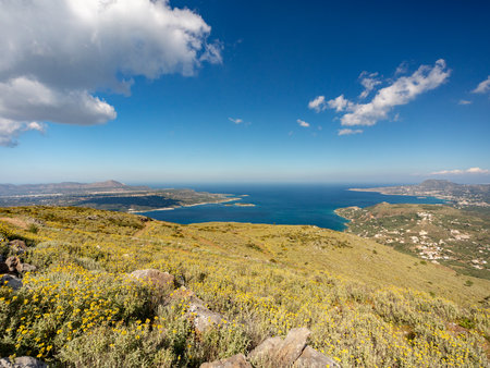 view of CHania and Souda bay, hiking nature hills, in Crete, Greeceの写真素材