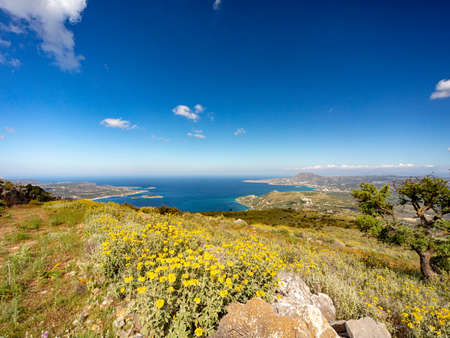 view of CHania and Souda bay, hiking nature hills, in Crete, Greeceの写真素材
