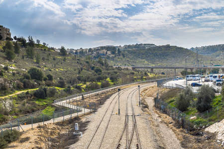 View of the railway track on the island of Crete, Greeceの写真素材