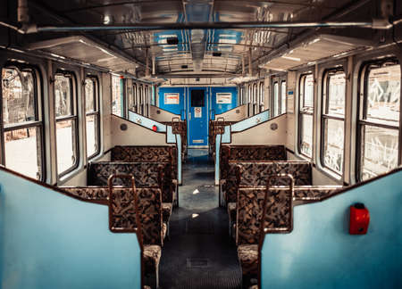 inside of old soviet train in Budapest, kitch pettern seats and windowsの写真素材