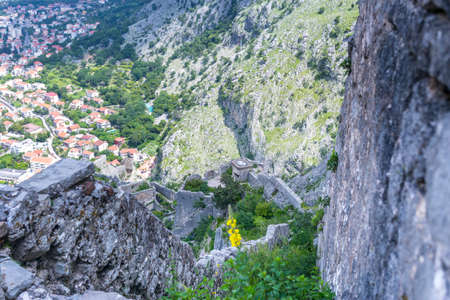 kotor fortress ruins church stones with mountain landscapeの写真素材