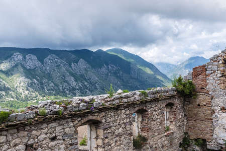 kotor fortress ruins church stones with mountain landscapeの写真素材