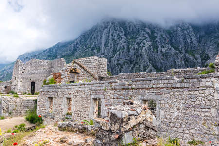 kotor fortress ruins church stones with mountain landscapeの写真素材