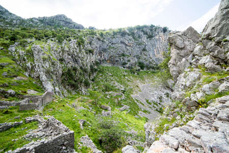 kotor fortress ruins church stones with mountain landscapeの写真素材