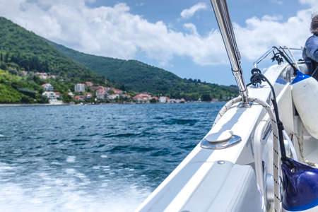 kotor bay speedboat cruise view, sea and rocky hillsの写真素材
