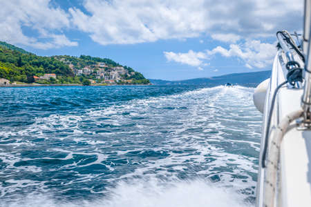 kotor bay speedboat cruise view, sea and rocky hillsの写真素材