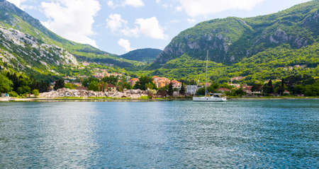 kotor bay speedboat cruise view, sea and rocky hillsの写真素材