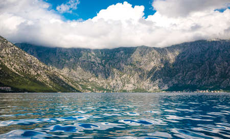 kotor bay speedboat cruise view, sea and rocky hillsの写真素材