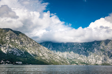 kotor bay speedboat cruise view, sea and rocky hillsの写真素材