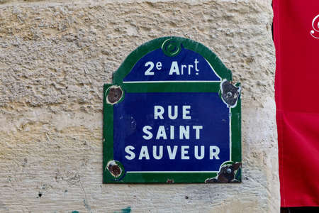 typical parisian street name signs famousの写真素材