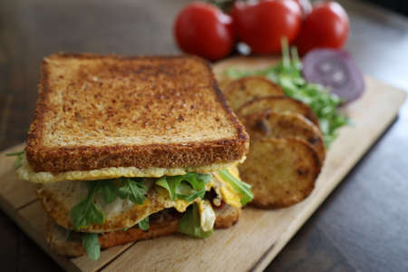 Sandwich with cheese, egg, tomatoes, lettuce and toasted bread