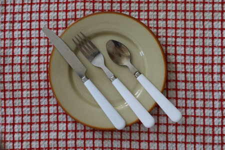 Empty plate with cutlery on a red and white tableclothの写真素材