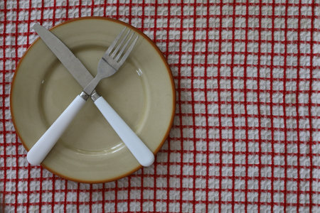Empty plate and cutlery on a red checkered tablecloth