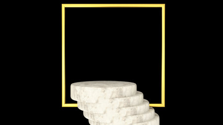 3D abstract showroom with realistic white marble pedestal podium set in luxury style. Minimal scene for product display template presentation. golden geometric shape and black baの写真素材