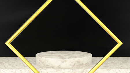 3D abstract showroom with realistic white marble pedestal podium set in luxury style. Minimal scene for product display template presentation. golden geometric shape and black baの写真素材