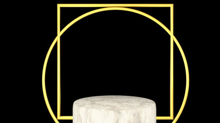 3D abstract showroom with realistic white marble pedestal podium set in luxury style. Minimal scene for product display template presentation. golden geometric shape and black baの写真素材