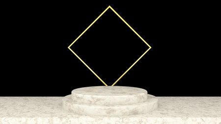 3D abstract showroom with realistic white marble pedestal podium set in luxury style. Minimal scene for product display template presentation. golden geometric shape and blackの写真素材