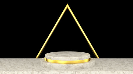 3D abstract showroom with realistic white marble pedestal podium set in luxury style. Minimal scene for product display template presentation. golden geometric shape and blackの写真素材