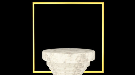 3D abstract showroom with realistic white marble pedestal podium set in luxury style. Minimal scene for product display template presentation. golden geometric shape and blackの写真素材