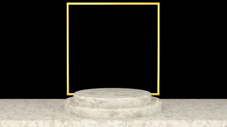 3D abstract showroom with realistic white marble pedestal podium set in luxury style. Minimal scene for product display template presentation. golden geometric shape and blackの写真素材