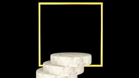 3D abstract showroom with realistic white marble pedestal podium set in luxury style. Minimal scene for product display template presentation. golden geometric shape and blackの写真素材