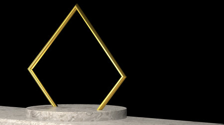 3D abstract showroom with realistic white marble pedestal podium set in luxury style. Minimal scene for product display template presentation. golden geometric shape and blackの写真素材