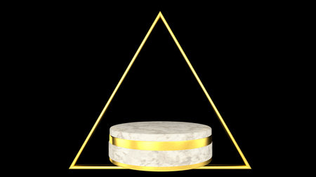 3D abstract showroom with realistic white marble pedestal podium set in luxury style. Minimal scene for product display template presentation. golden geometric shape and blackの写真素材