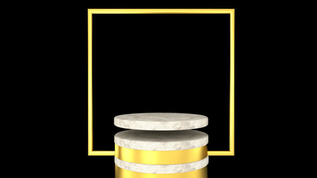 3D abstract showroom with realistic white marble pedestal podium set in luxury style. Minimal scene for product display template presentation. golden geometric shape and blackの写真素材