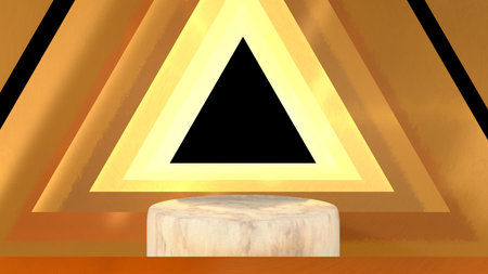 3D abstract showroom with realistic white marble pedestal podium set in luxury style. Minimal scene for product display template presentation. golden geometric backgroundの写真素材