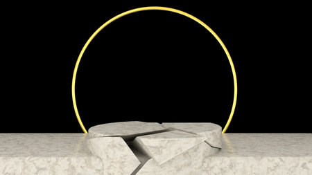 3D abstract showroom with realistic white marble pedestal podium set in luxury style. Minimal scene for product display template presentation. golden geometric backgroundの写真素材