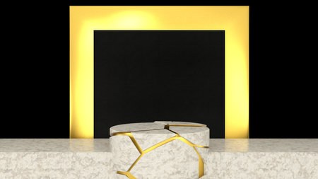 3D abstract showroom with realistic white marble pedestal podium set in luxury style. Minimal scene for product display template presentation. golden geometric backgroundの写真素材