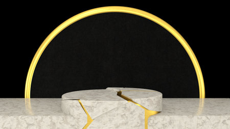 3D abstract showroom with realistic white marble pedestal podium set in luxury style. Minimal scene for product display template presentation. golden geometric backgroundの写真素材