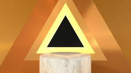 3D abstract showroom with realistic white marble pedestal podium set in luxury style. Minimal scene for product display template presentation. golden geometric backgroundの写真素材