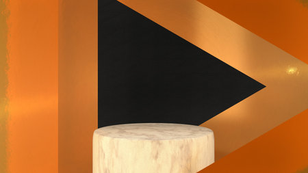 3D abstract showroom with realistic white marble pedestal podium set in luxury style. Minimal scene for product display template presentation. golden geometric backgroundの写真素材