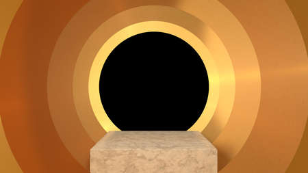 3D abstract showroom with realistic white marble pedestal podium set in luxury style. Minimal scene for product display template presentation. golden geometric backgroundの写真素材