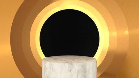 3D abstract showroom with realistic white marble pedestal podium set in luxury style. Minimal scene for product display template presentation. golden geometric backgroundの写真素材