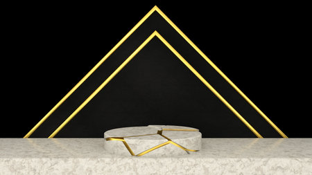 3D abstract showroom with realistic white marble pedestal podium set in luxury style. Minimal scene for product display template presentation. golden geometric backgroundの写真素材