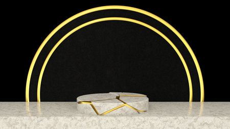 3D abstract showroom with realistic white marble pedestal podium set in luxury style. Minimal scene for product display template presentation. golden geometric backgroundの写真素材