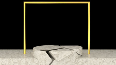 3D abstract showroom with realistic white marble pedestal podium set in luxury style. Minimal scene for product display template presentation. golden geometric backgroundの写真素材