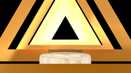 3D abstract showroom with realistic white marble pedestal podium set in luxury style. Minimal scene for product display template presentation. golden geometric backgroundの写真素材