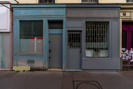 Blue wooden doors of a shop in Oxford Streetの写真素材