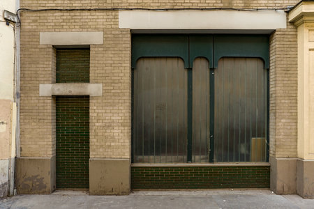 Old garage door with green metal shutter on the facade of a buildingの写真素材